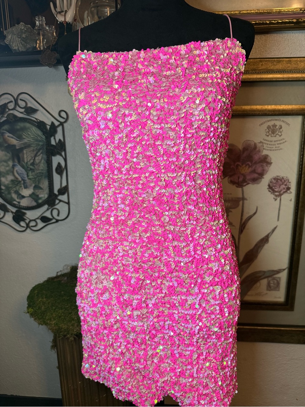 Thirty/Thirty Pink Sequin Bodycon Mini Dress Spaghetti Strap Party •Size L•